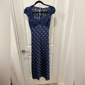 NWT Thirty Thirty Navy Navy Blue old Hollywood Polka Dot Satin & Lace Dress- M